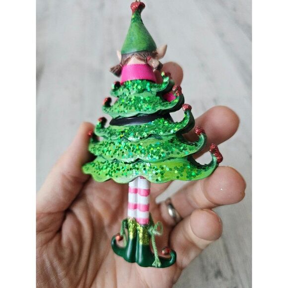 Elf tree girl ornament unique AS IS Xmas green glitter striped - Picture 6 of 8